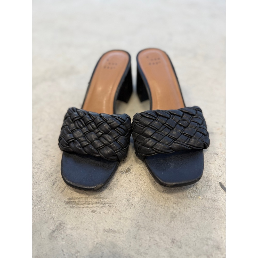 A New Day Braided Block Heel Sandals Women 6 Black Good Square Toe Mules